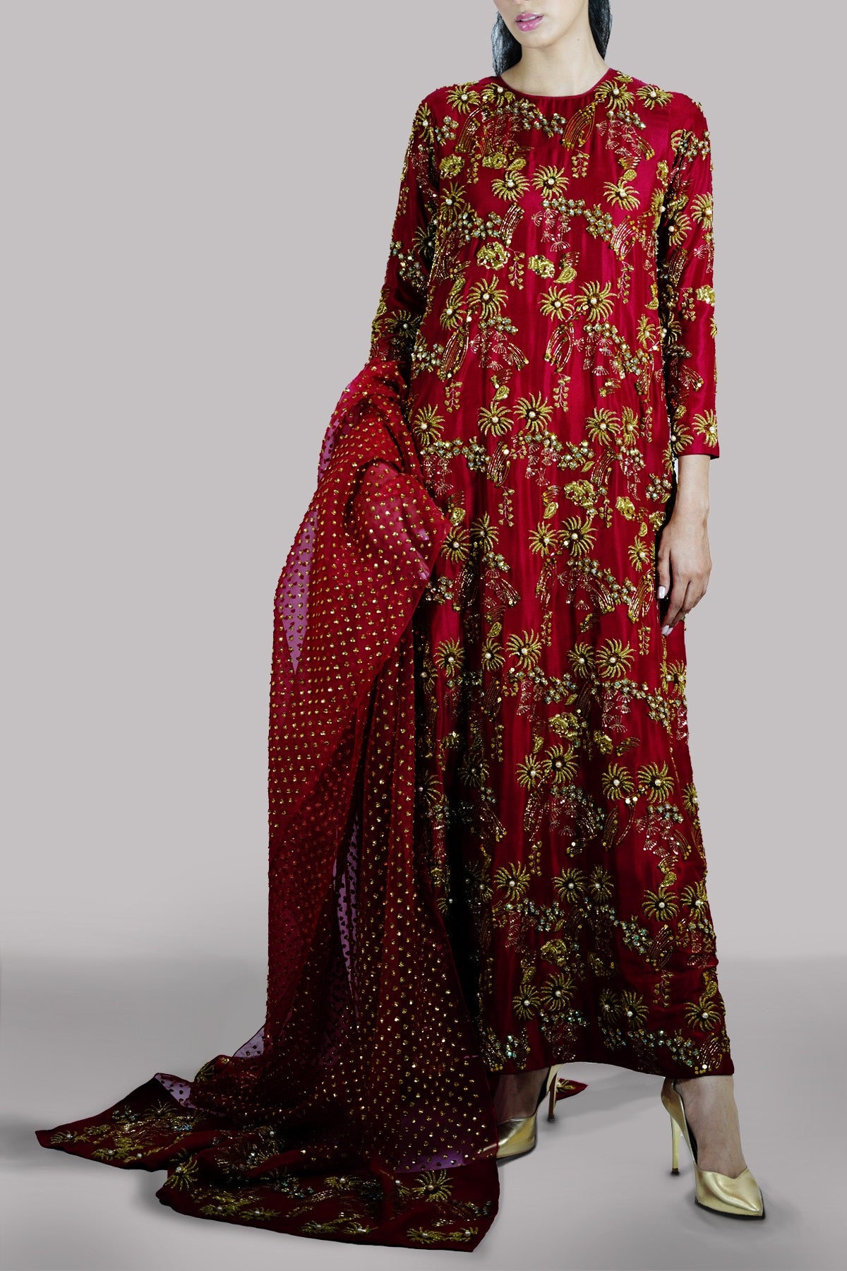 Red Bud Embellished Raw Silk Maxi Set