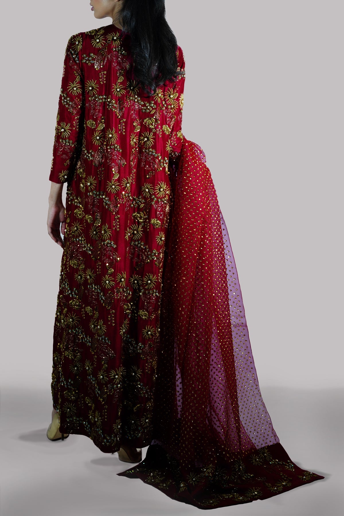 Red Bud Embellished Raw Silk Maxi Set