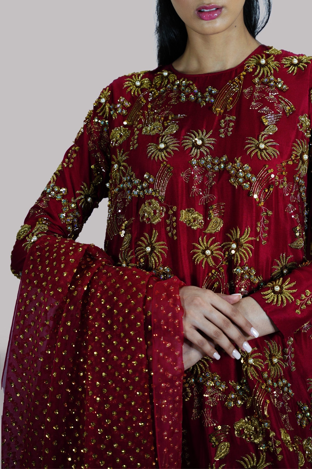 Red Bud Embellished Raw Silk Maxi Set