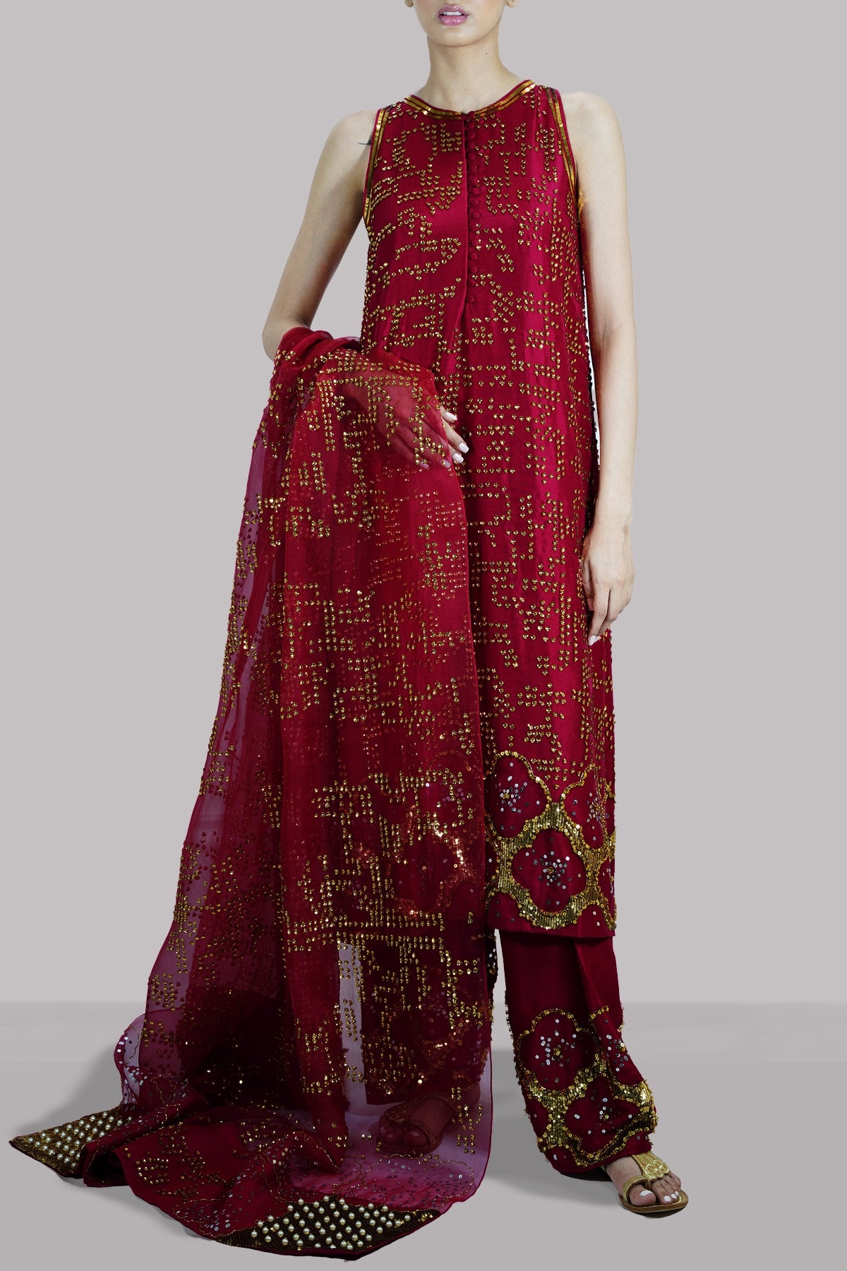 Red Bud Embellished Raw Silk Set