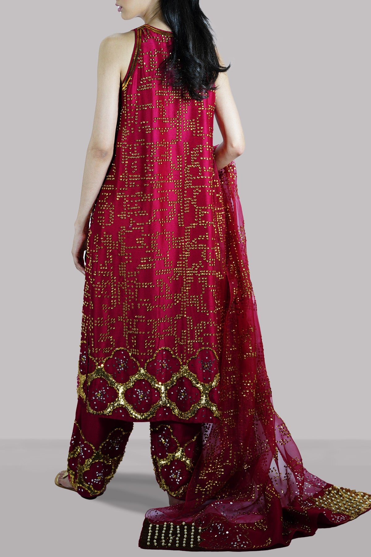 Red Bud Embellished Raw Silk Set