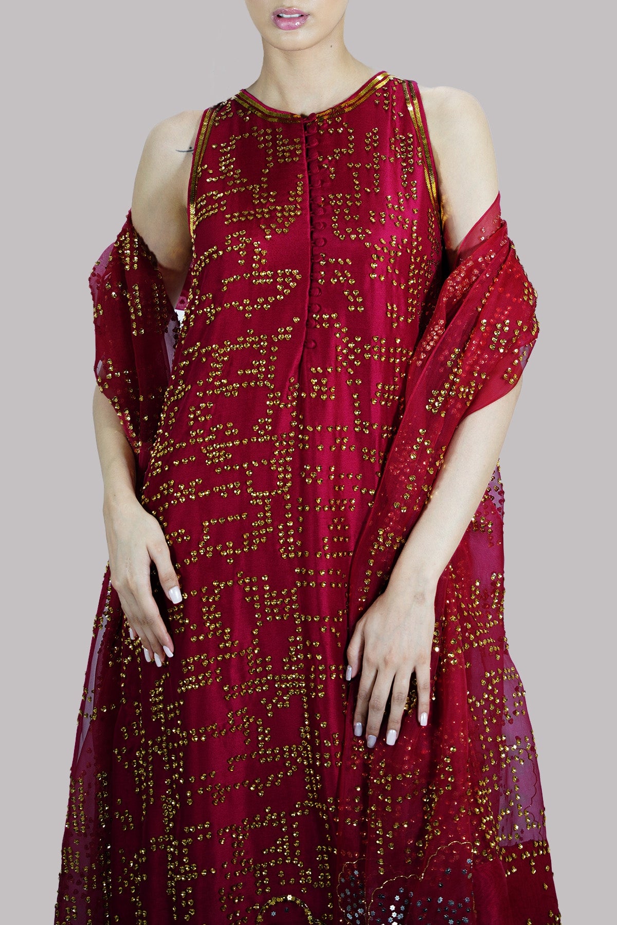 Red Bud Embellished Raw Silk Set
