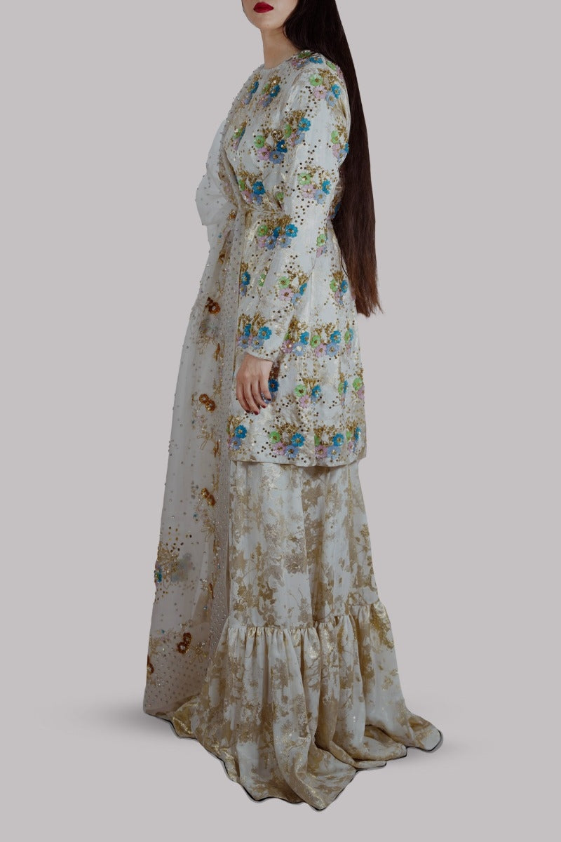Ivory and Gold Embellished Italian Cloque Set