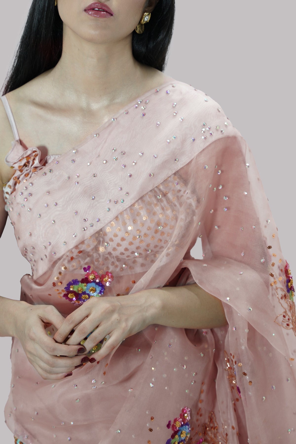 Rose Smoke Embellished Organza Sari