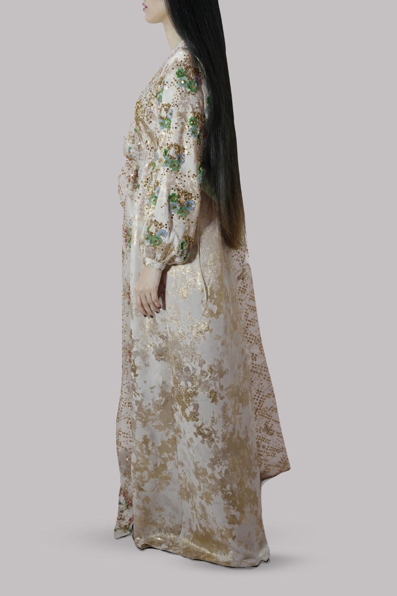 Ivory and Gold Embellished Italian Cloque Maxi Set