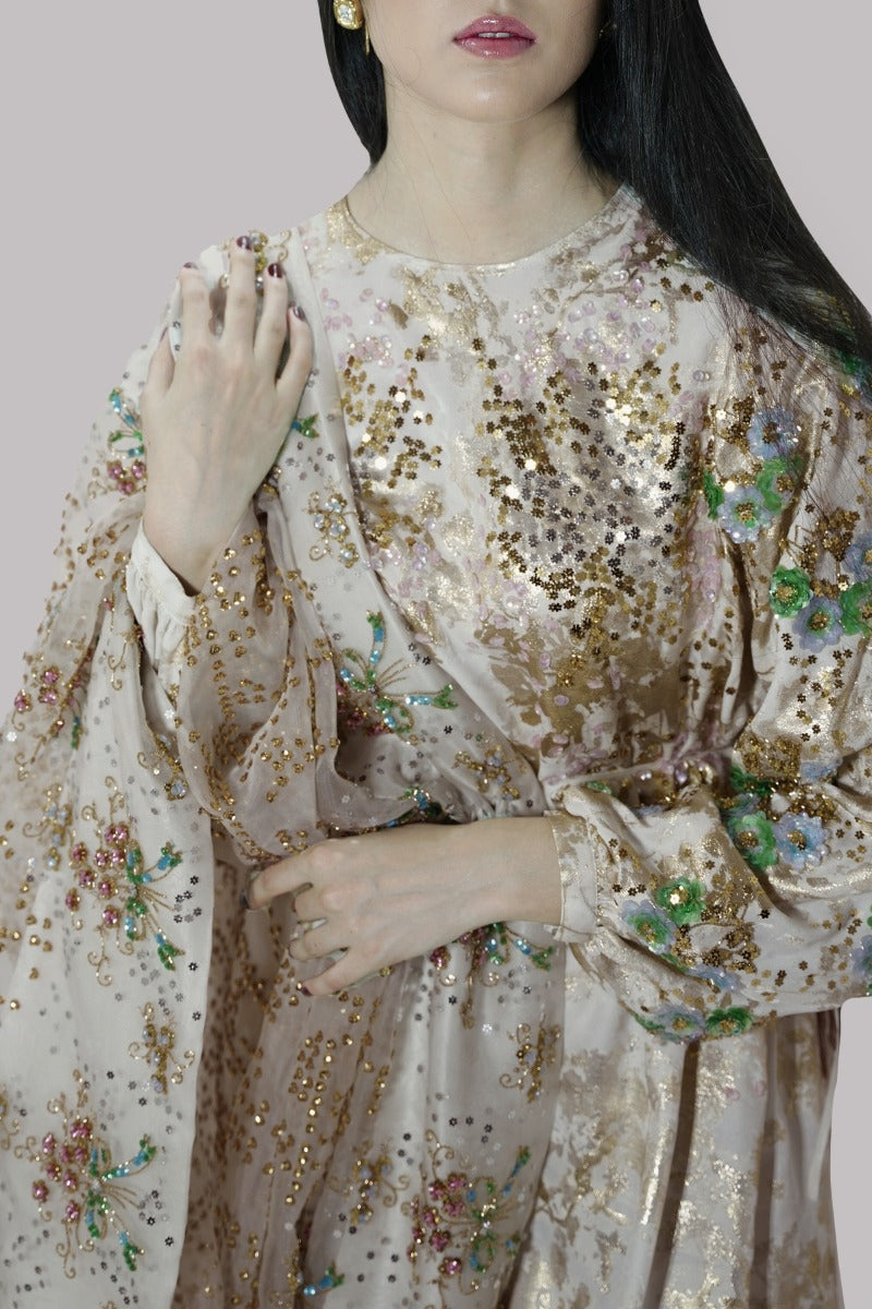 Ivory and Gold Embellished Italian Cloque Maxi Set