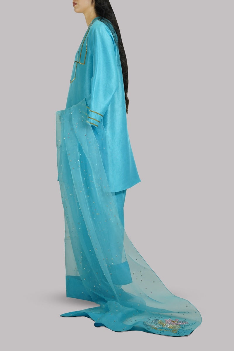 Blue Atoll Embellished Raw Silk Set