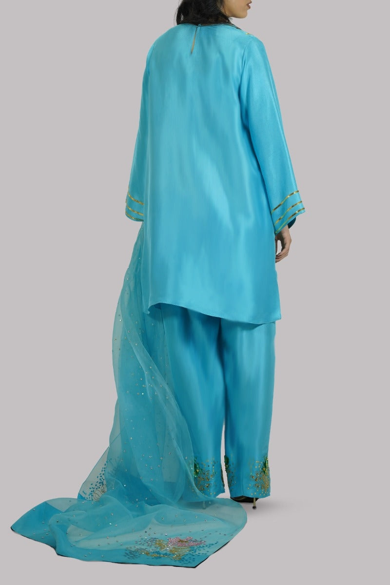 Blue Atoll Embellished Raw Silk Set