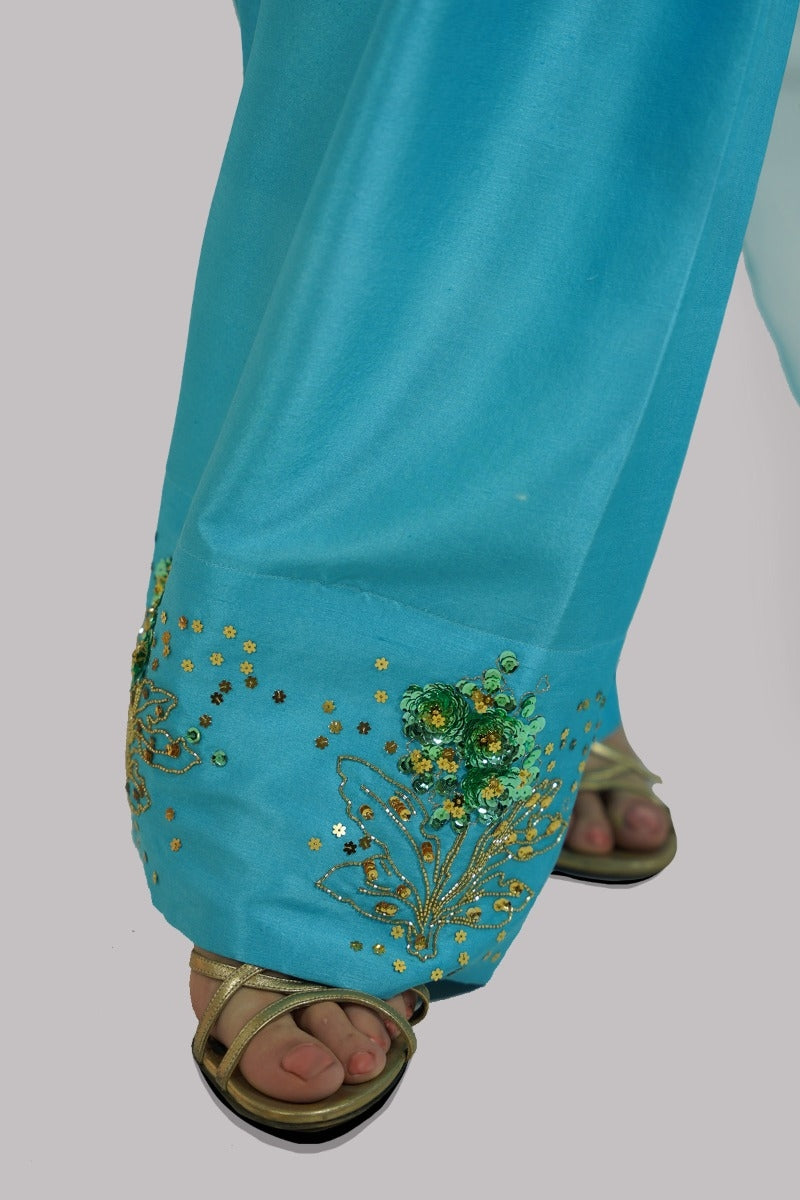 Blue Atoll Embellished Raw Silk Set