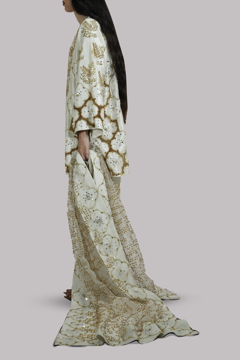 Egret Embellished Raw Silk Set