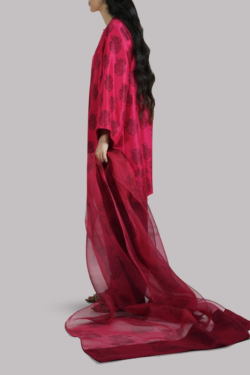 Tango Red and Black Iris Block Printed Raw Silk Set