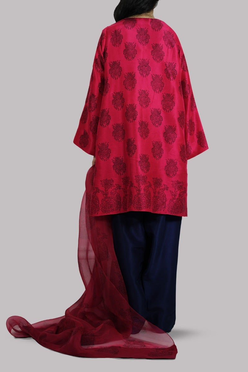Tango Red and Black Iris Block Printed Raw Silk Set