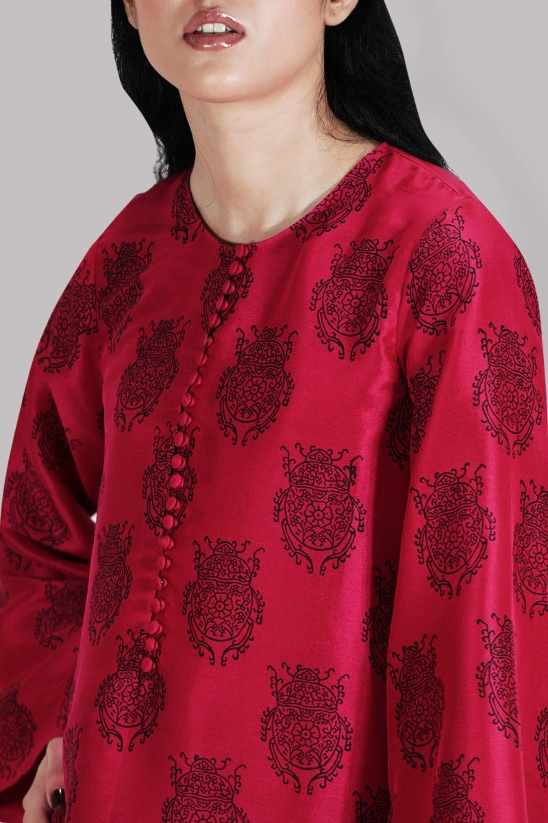 Tango Red and Black Iris Block Printed Raw Silk Set