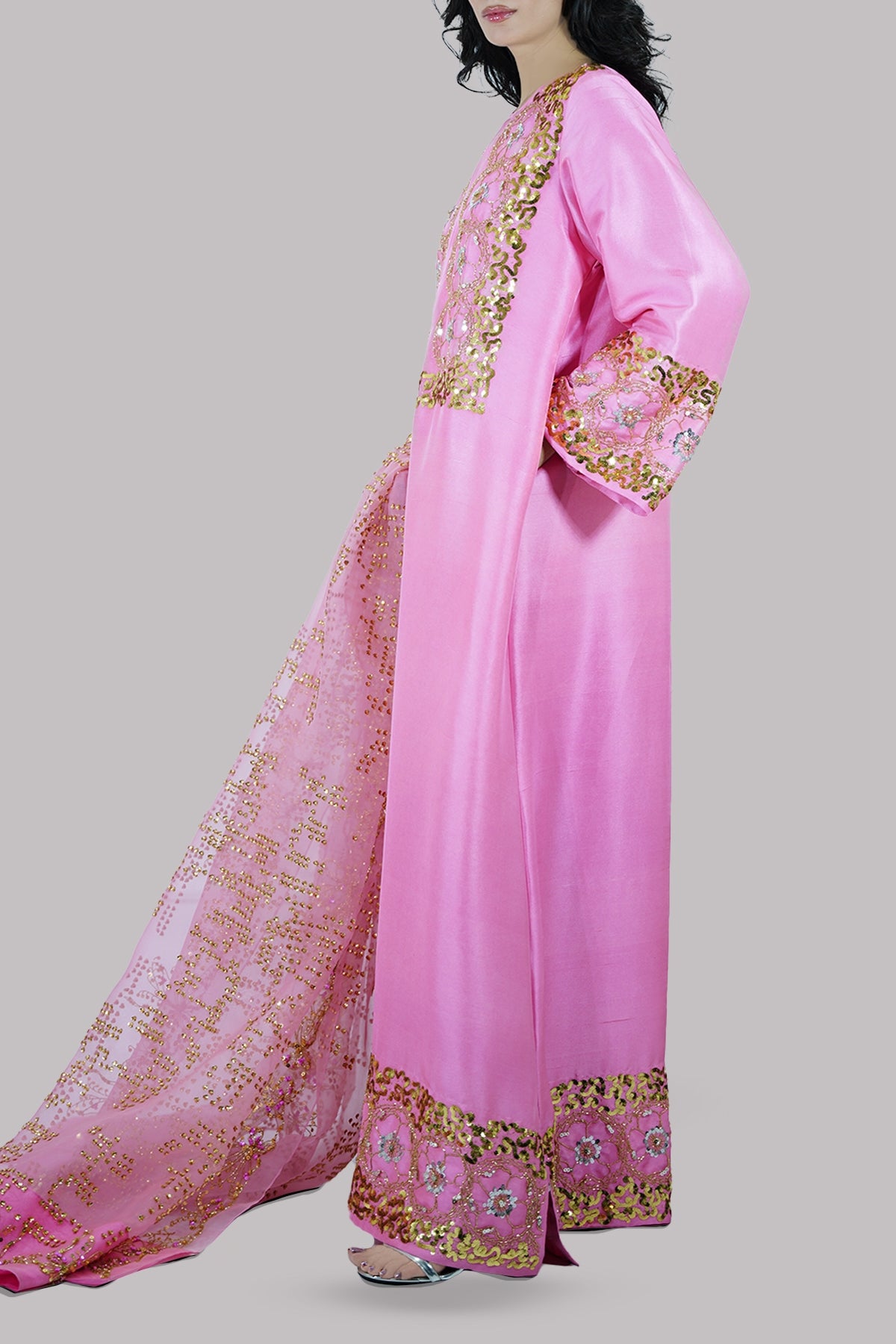 Confetti Pink Embellished Raw Silk Maxi Set