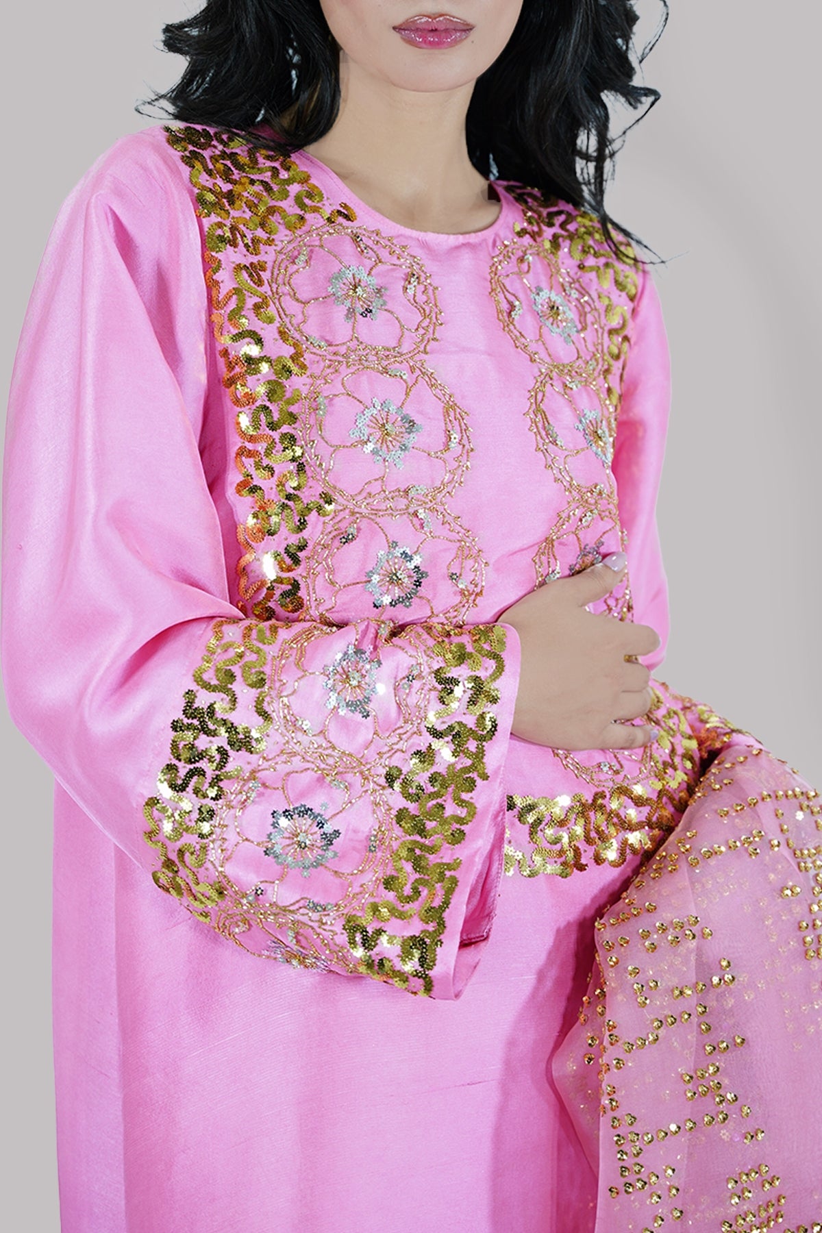 Confetti Pink Embellished Raw Silk Maxi Set