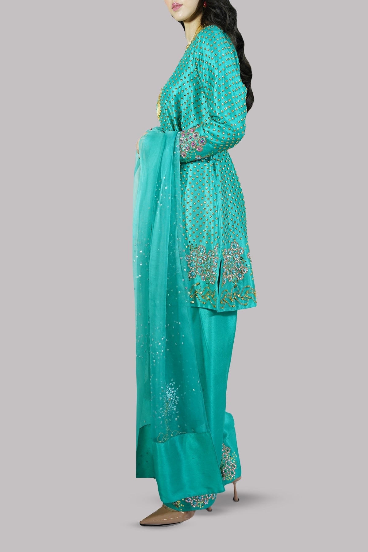 Spectra Green Raw Silk Embellished Set