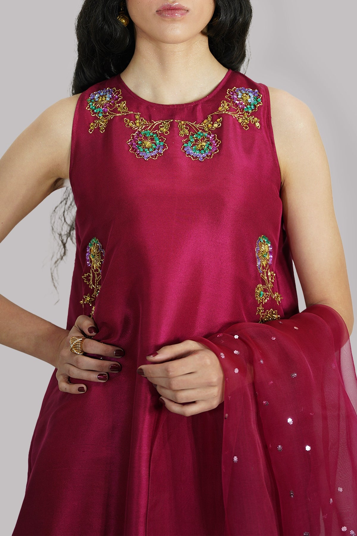 Scooter Red Embellished Raw Silk Set