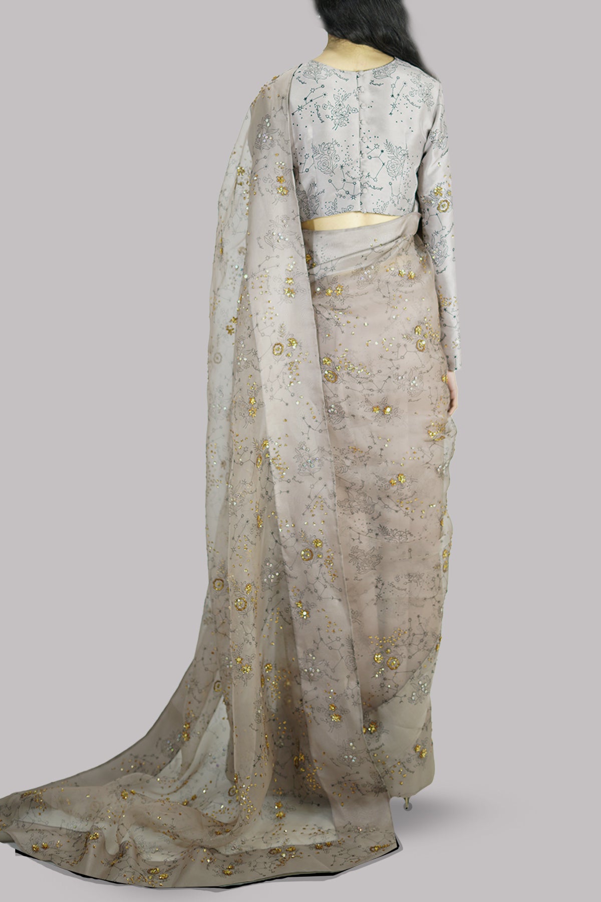 Simply Taupe Block-Printed Embellished Sari