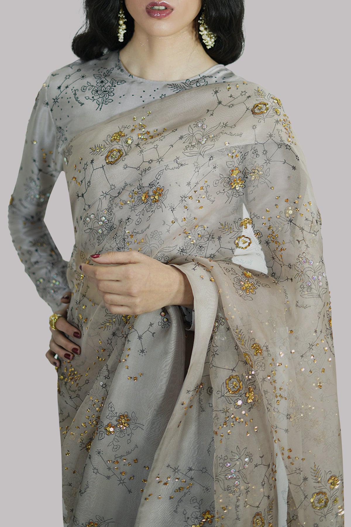 Simply Taupe Block-Printed Embellished Sari