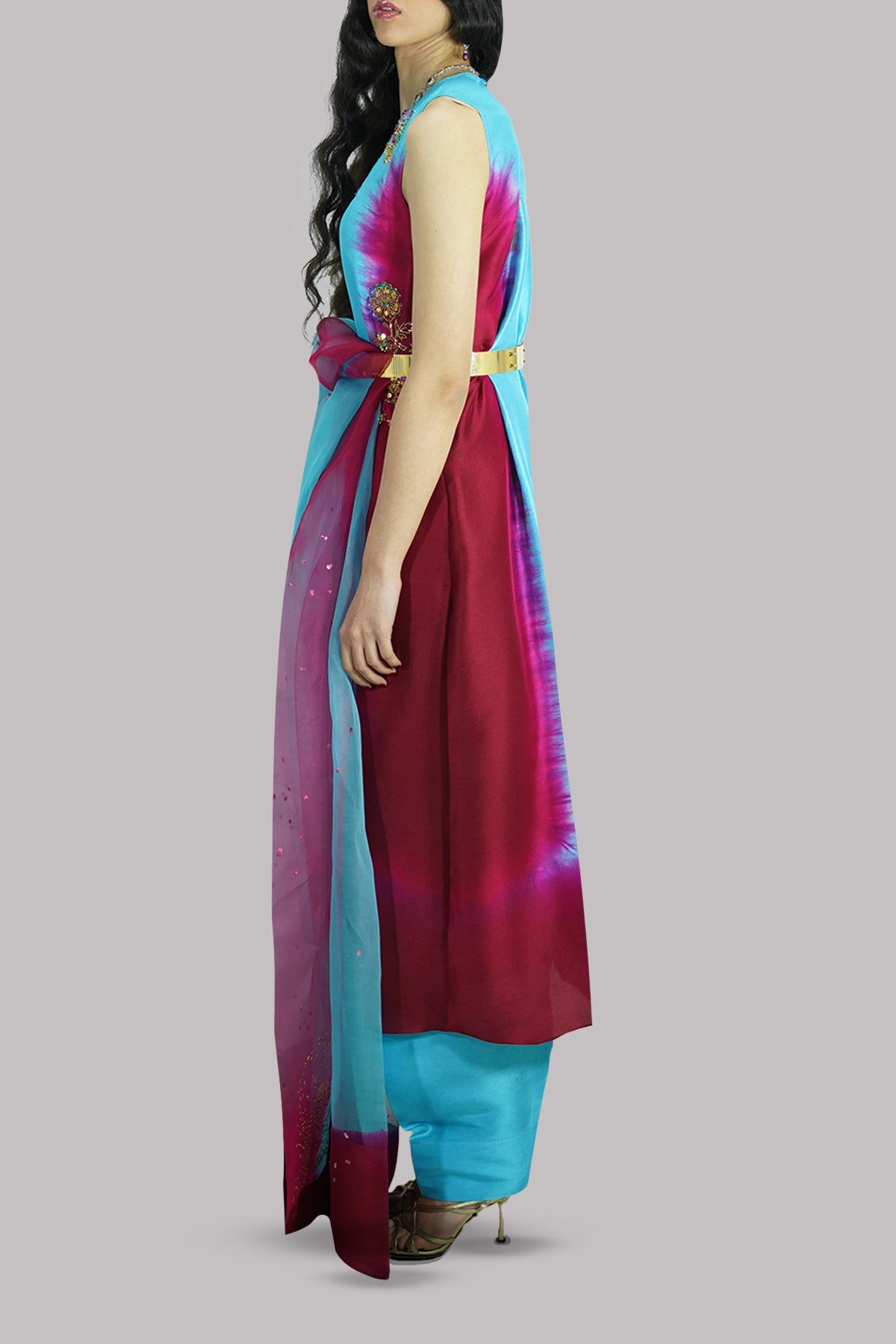 Scuba Blue and Chilli Pepper Raw Silk Embellished Set
