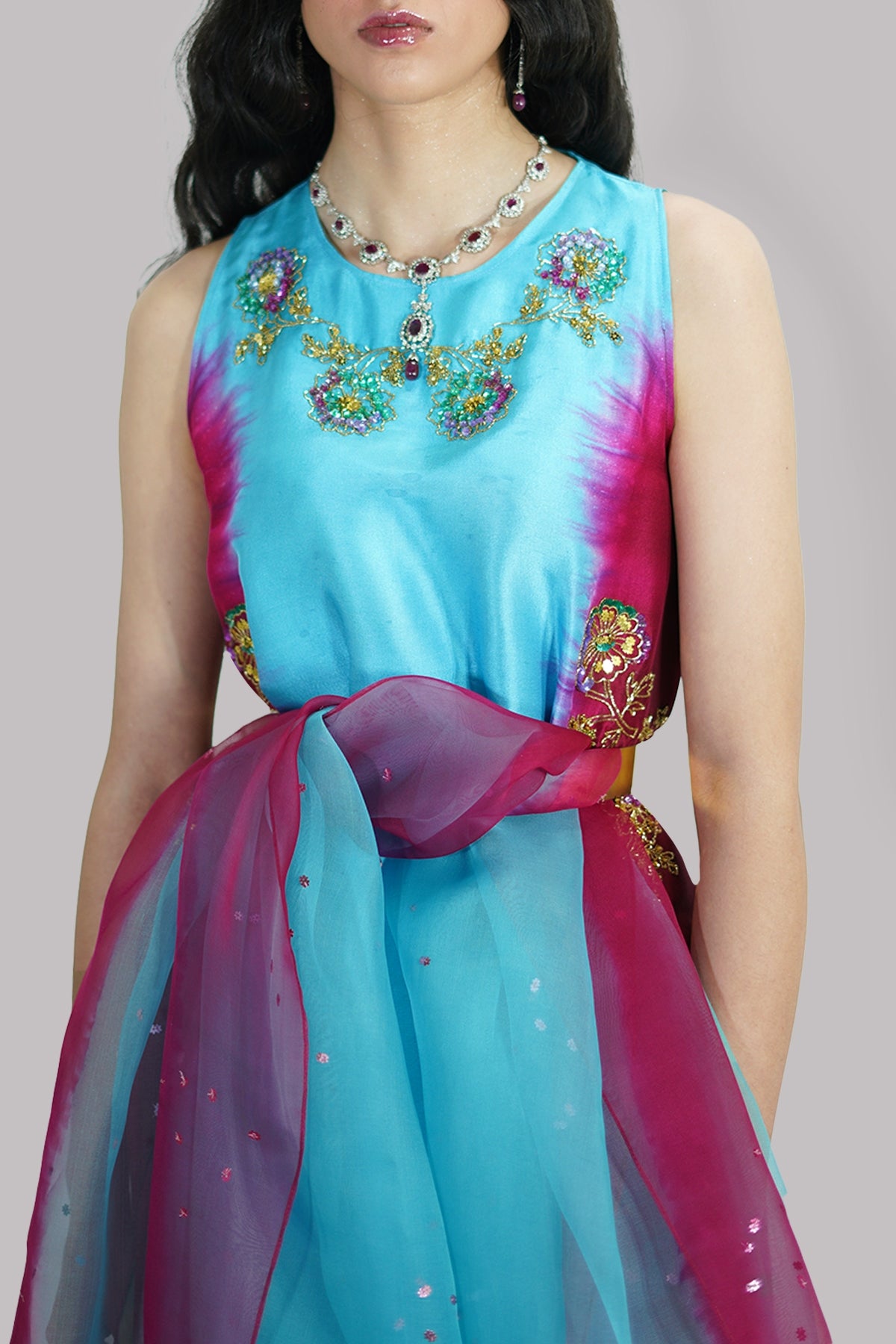 Scuba Blue and Chilli Pepper Raw Silk Embellished Set