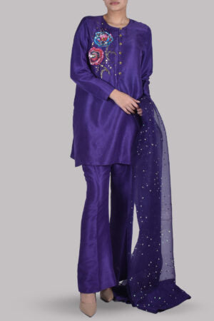 Deep Blue Purple Embellished Raw Silk Set