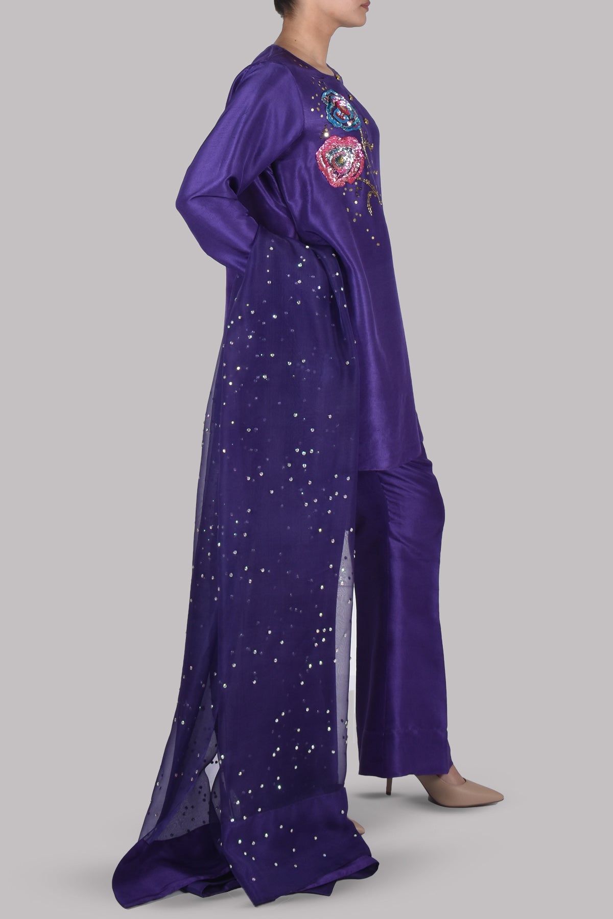 Deep Blue Purple Embellished Raw Silk Set