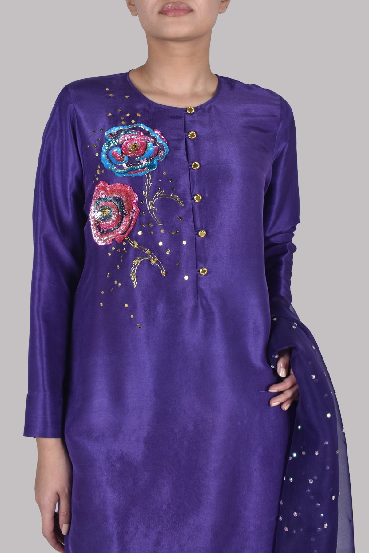 Deep Blue Purple Embellished Raw Silk Set