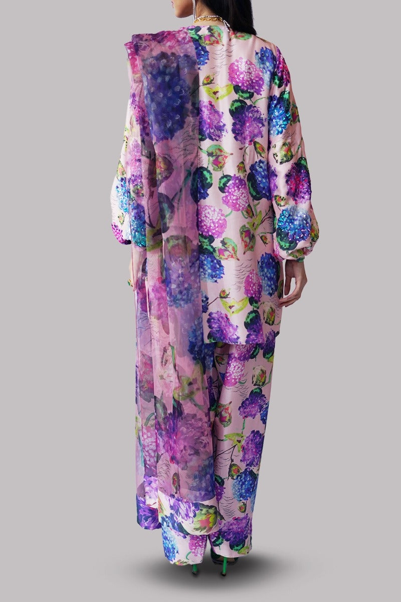 Crystal Rose Printed Embellished Raw Silk Set