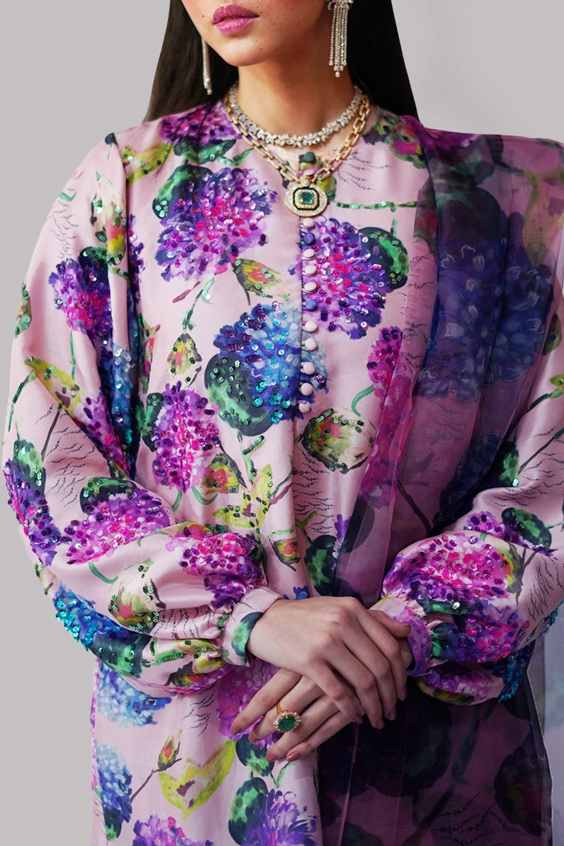 Crystal Rose Printed Embellished Raw Silk Set