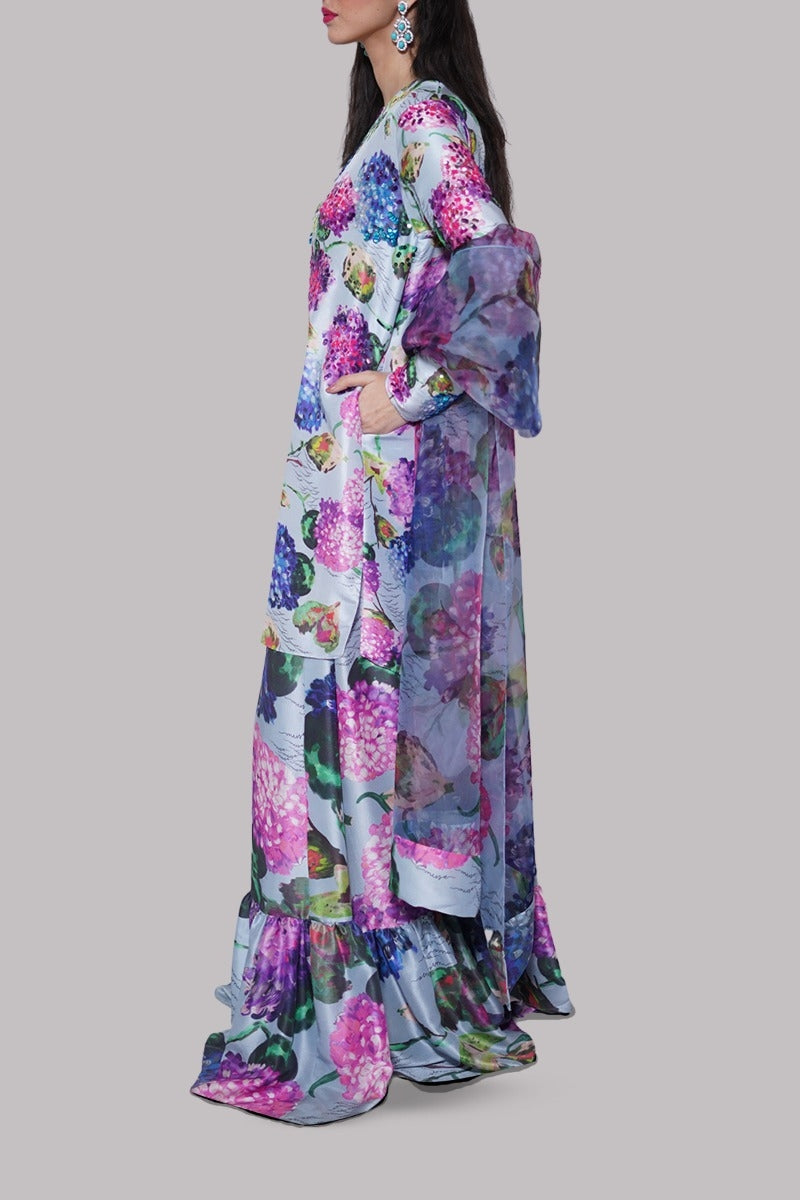 Powder Blue Printed Embellished Raw Silk Set