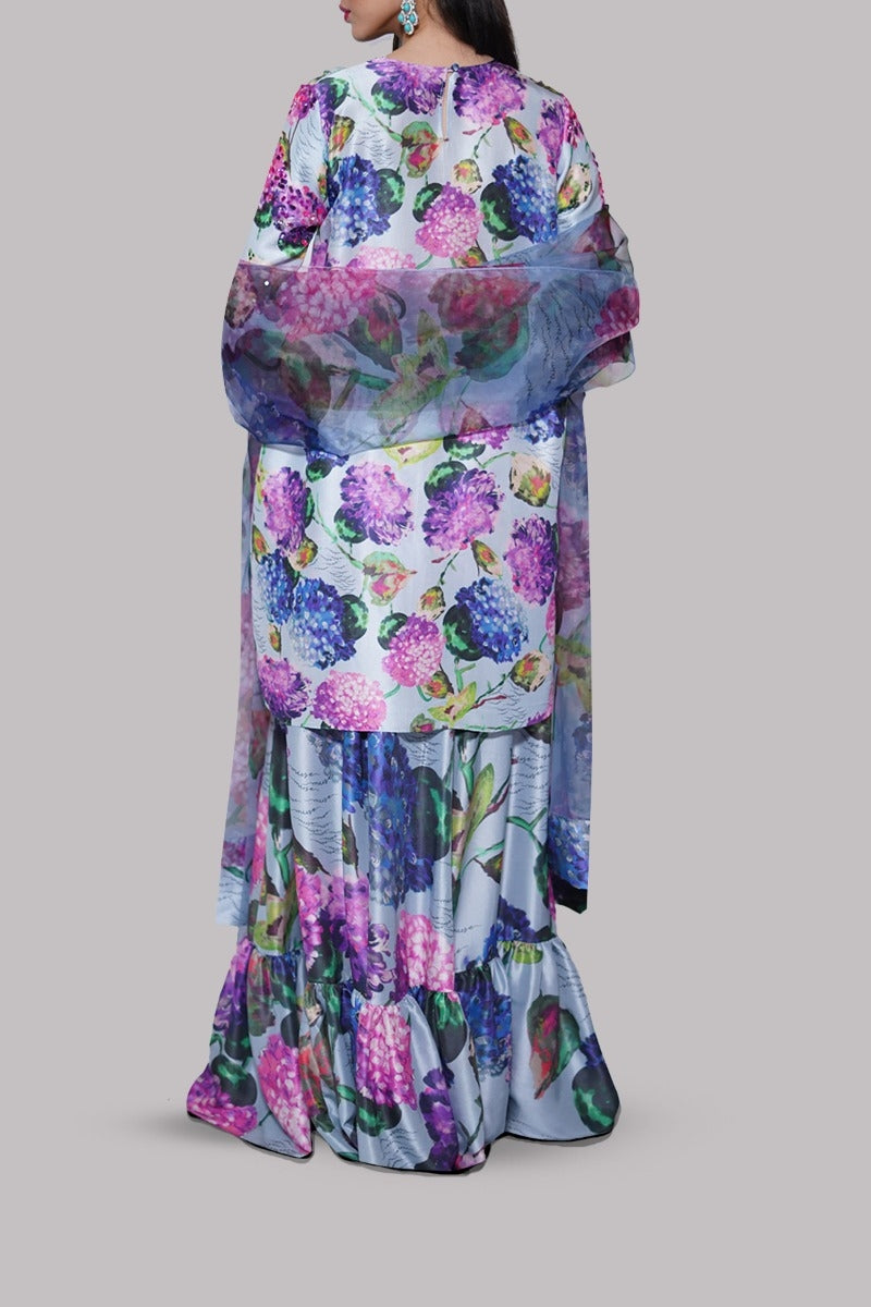 Powder Blue Printed Embellished Raw Silk Set