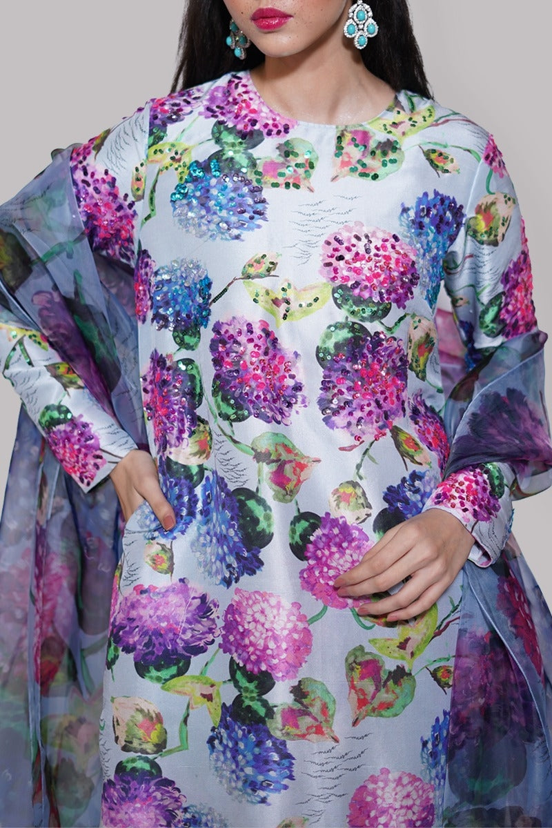 Powder Blue Printed Embellished Raw Silk Set
