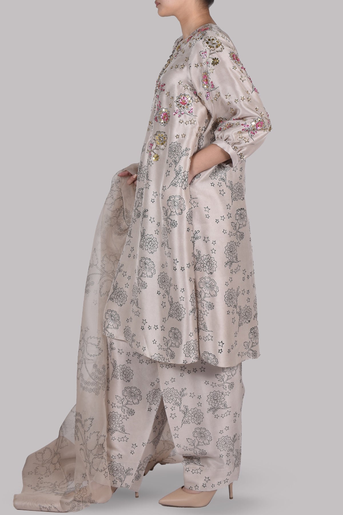 Moonlight Beige Block Printed and Embellished Set
