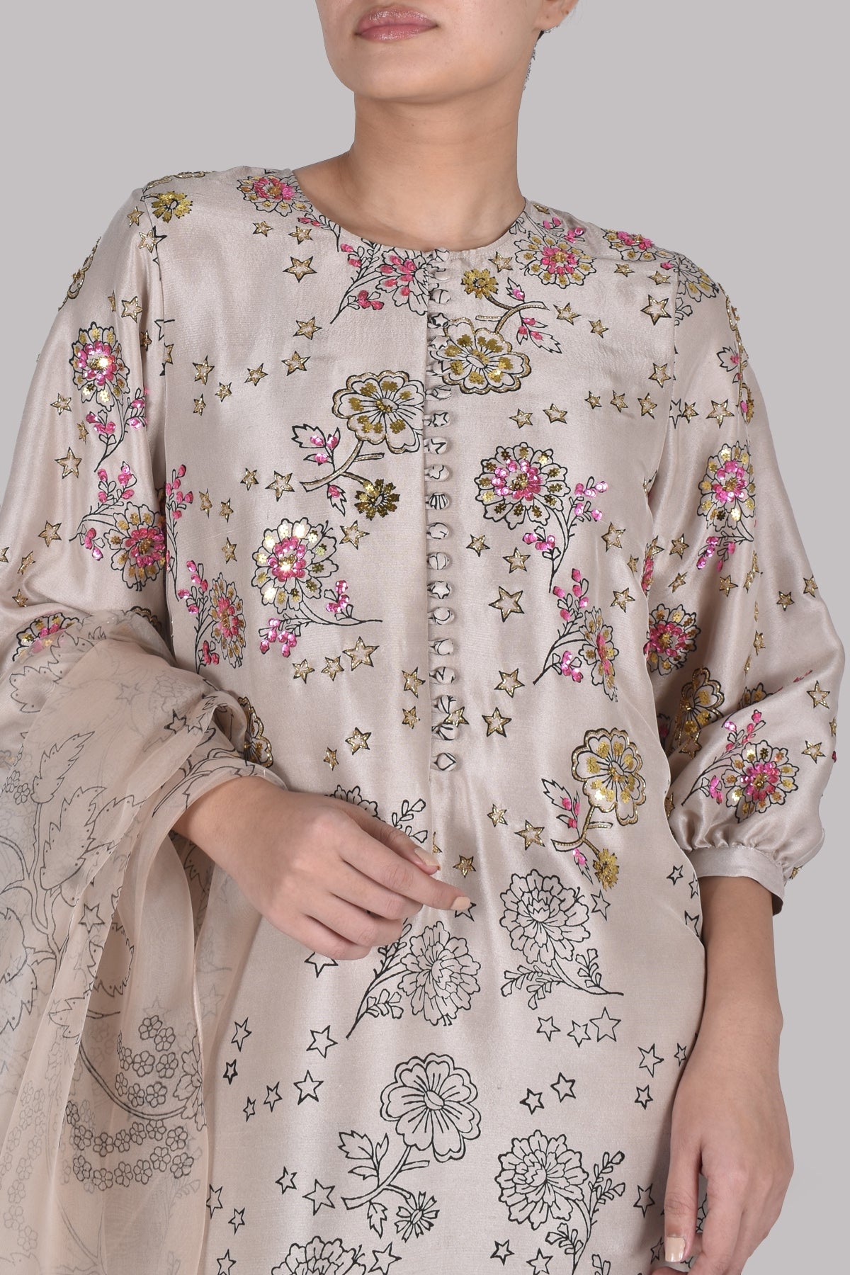Moonlight Beige Block Printed and Embellished Set