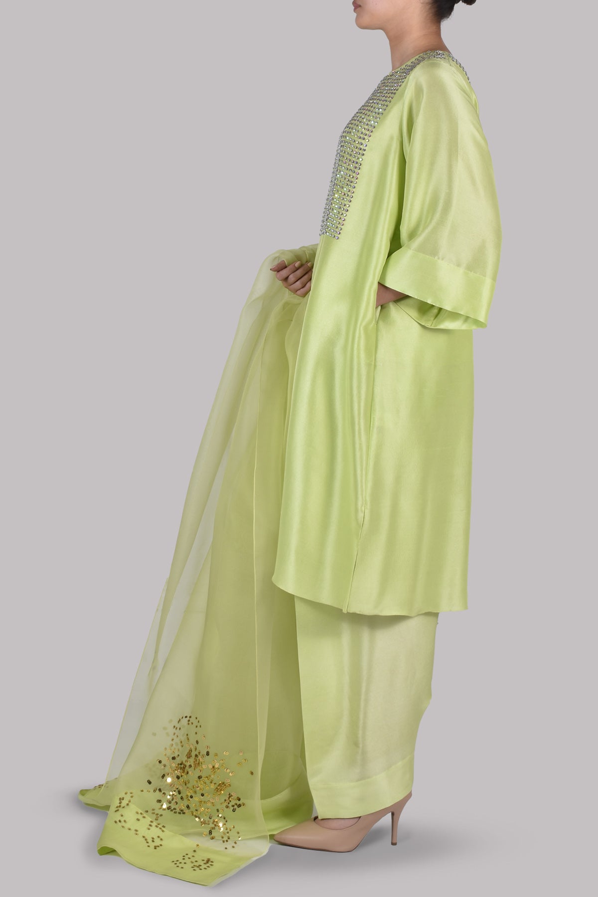 Lime Punch Embellished Raw Silk Set