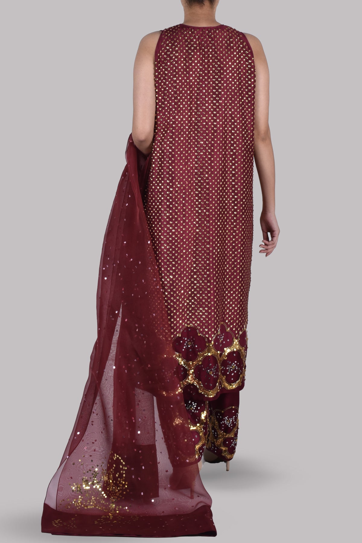 Tawny Port Burgundy Embellished Raw Silk Set