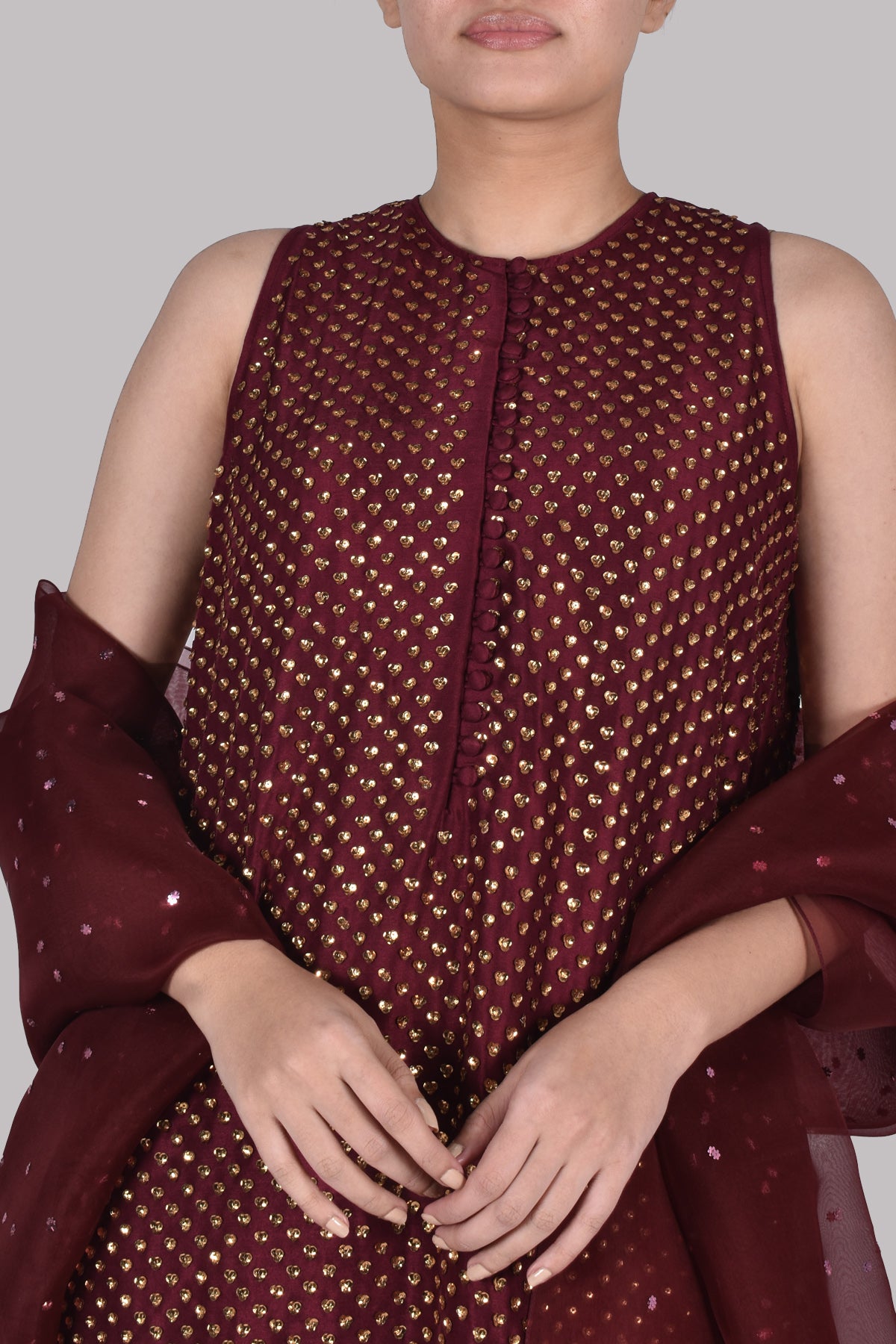 Tawny Port Burgundy Embellished Raw Silk Set