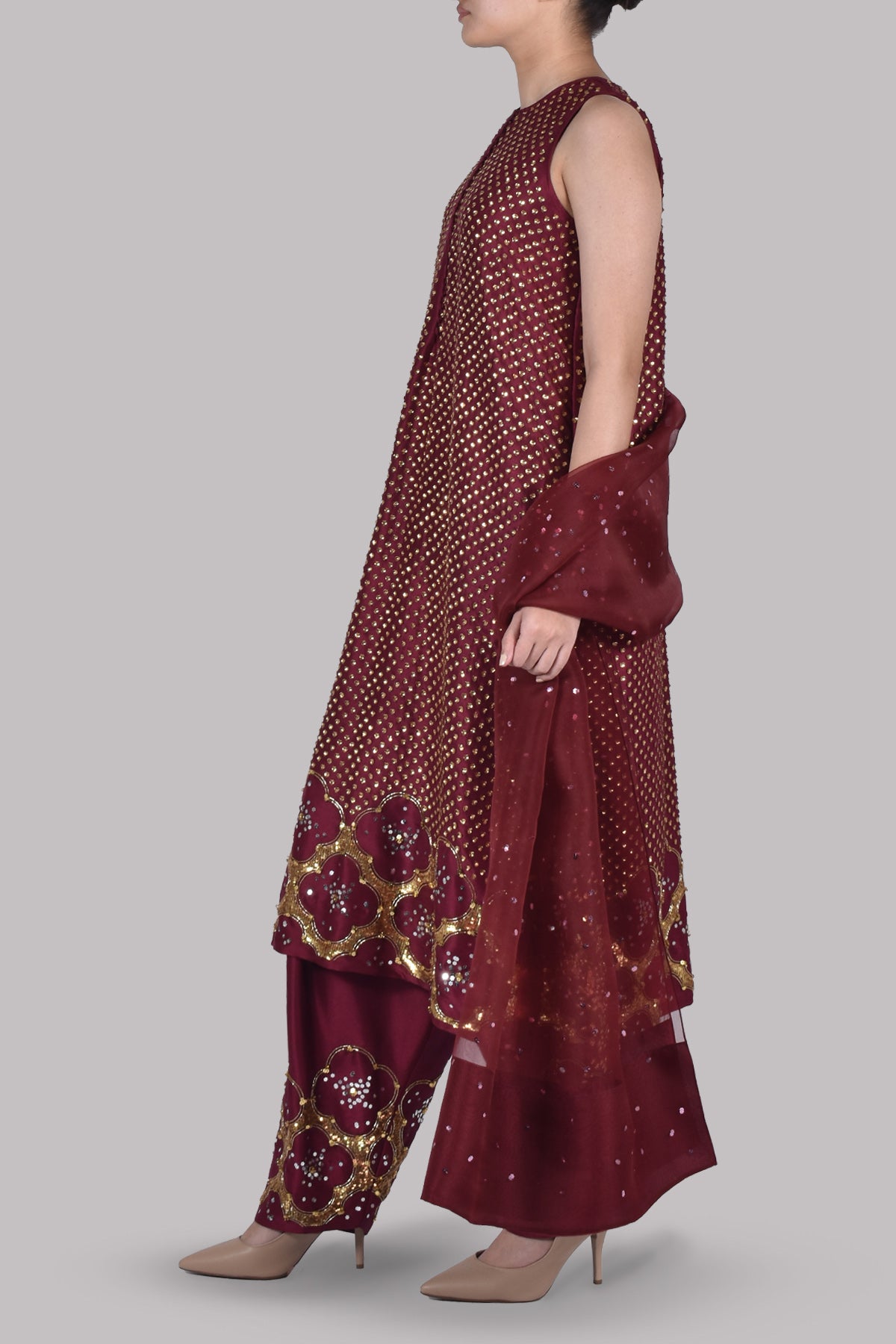 Tawny Port Burgundy Embellished Raw Silk Set