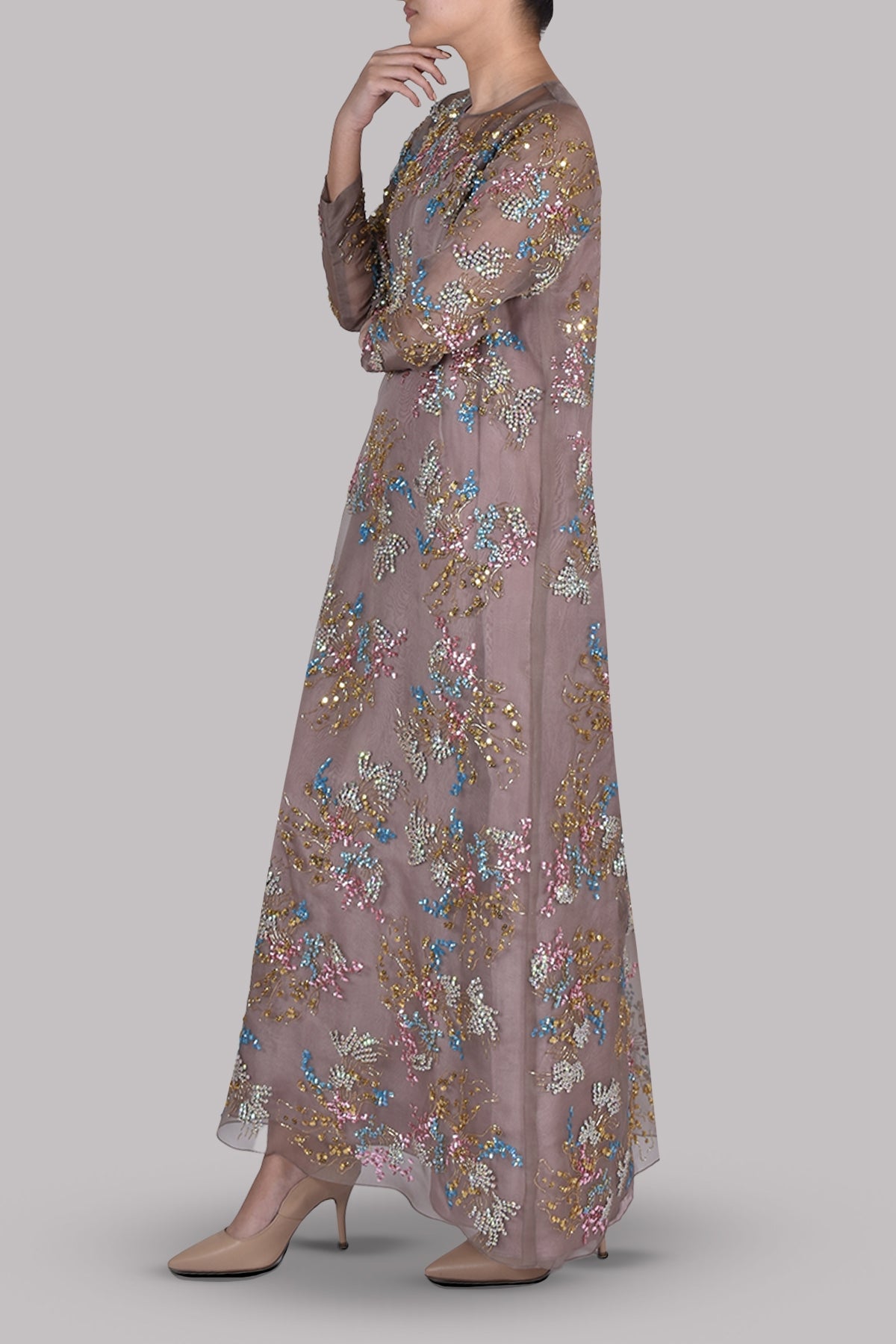 Taupe Gray Embellished Maxi