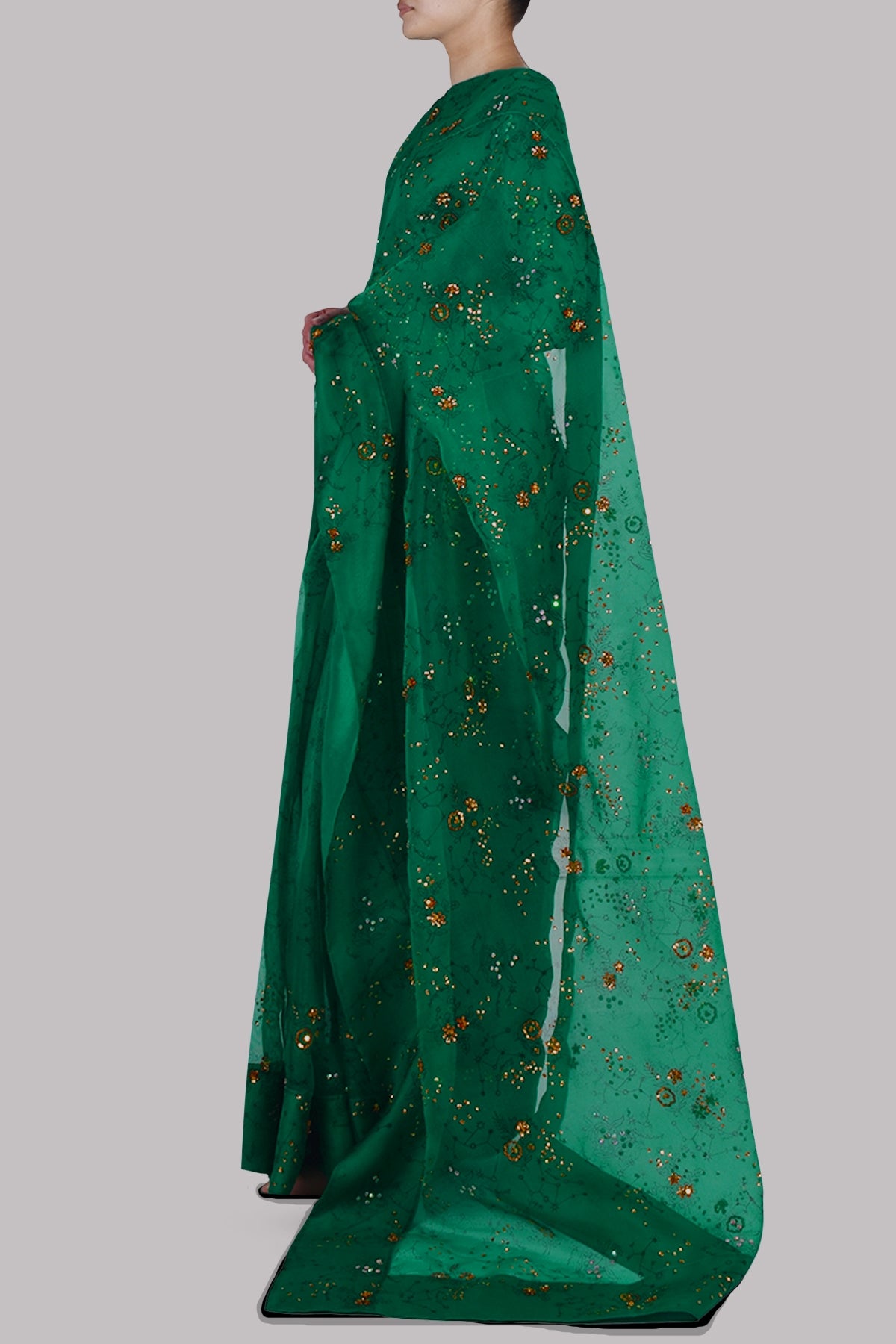 Golf Green Block Printed and Embellished Sari