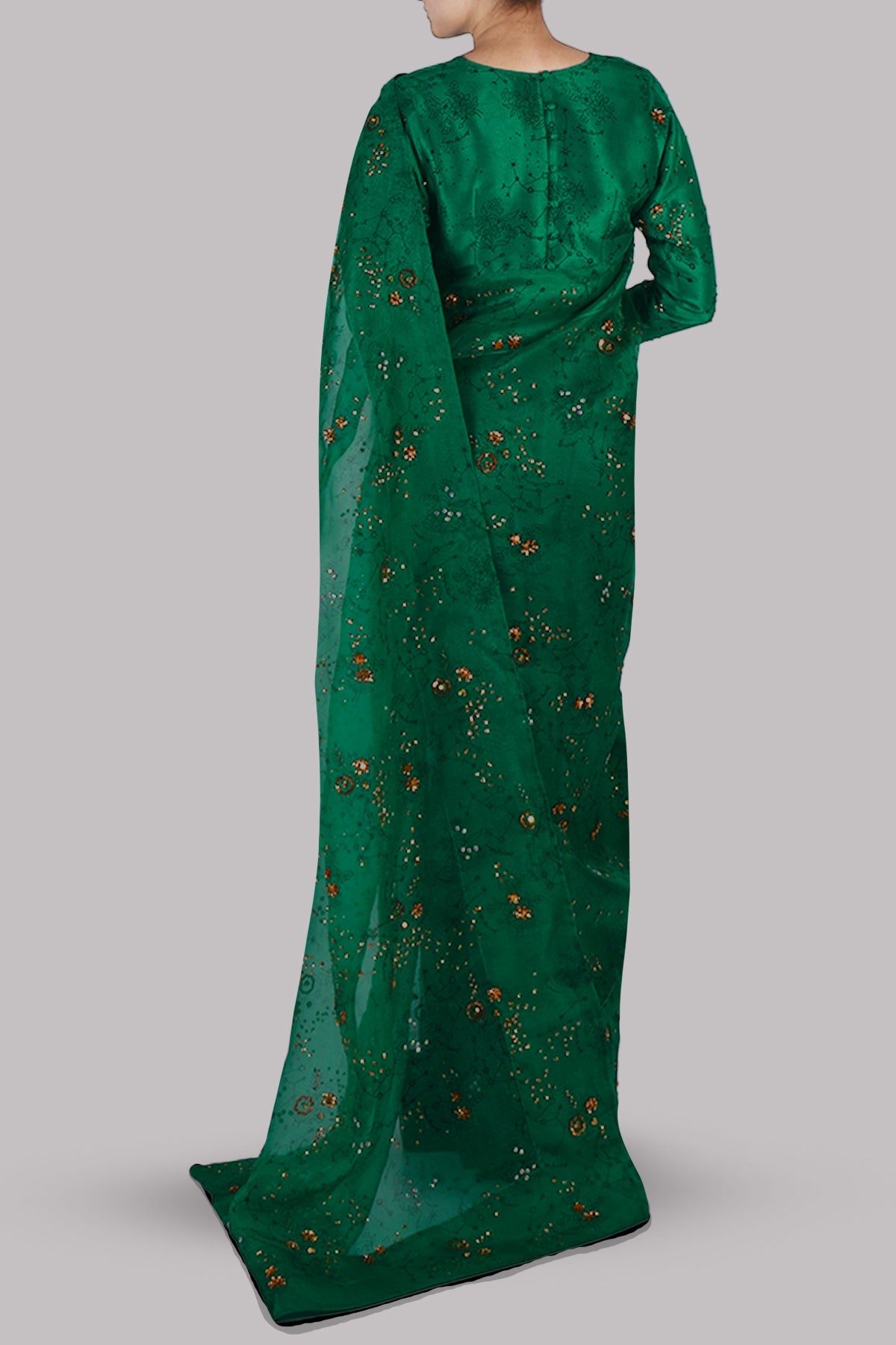 Golf Green Block Printed and Embellished Sari