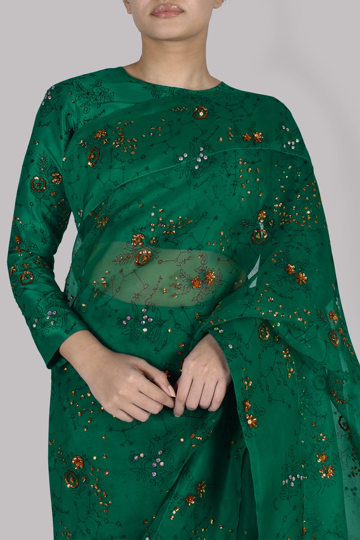 Golf Green Block Printed and Embellished Sari
