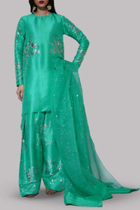 Mint Green Turquoise Embellished Raw Silk Set