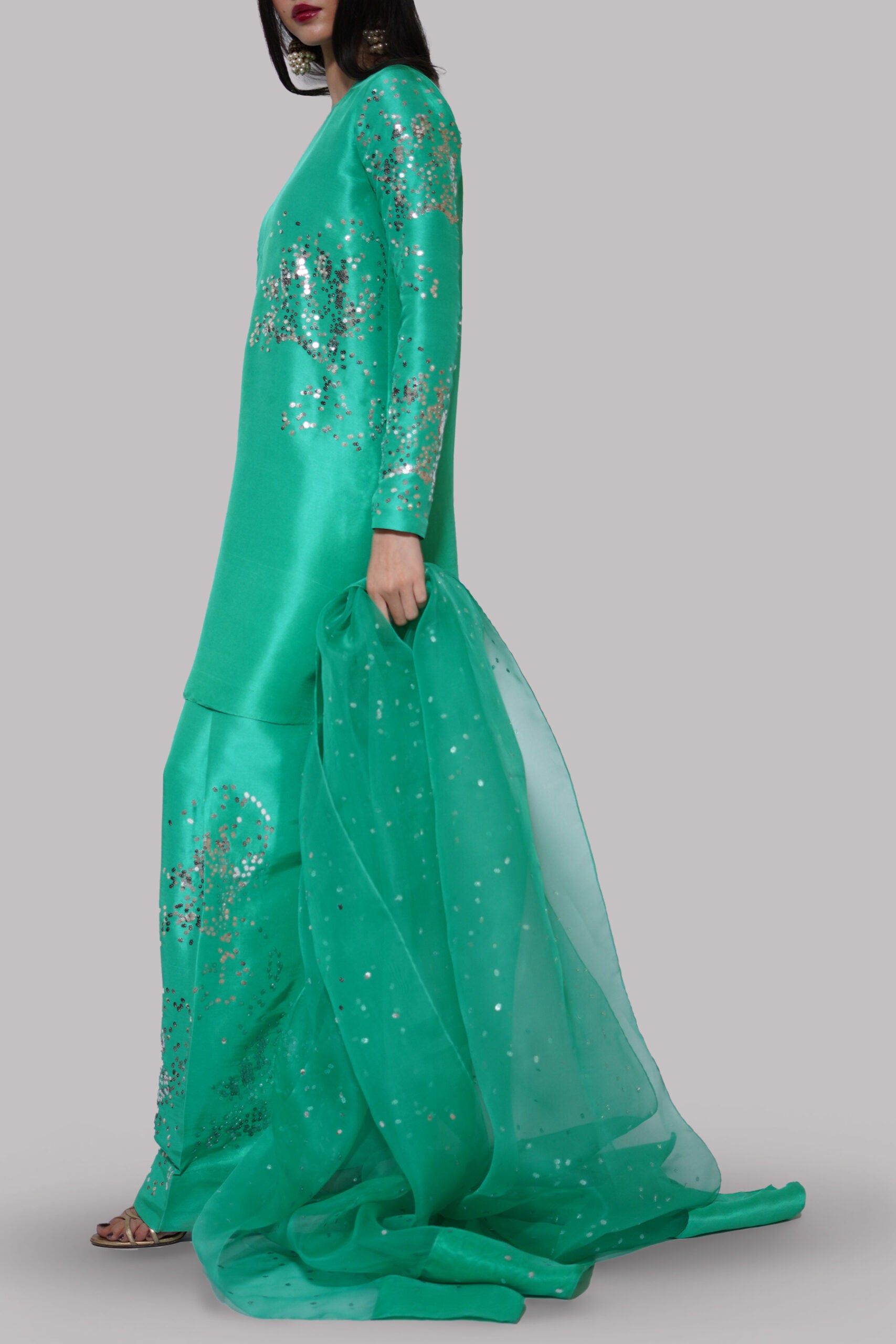 Mint Green Turquoise Embellished Raw Silk Set