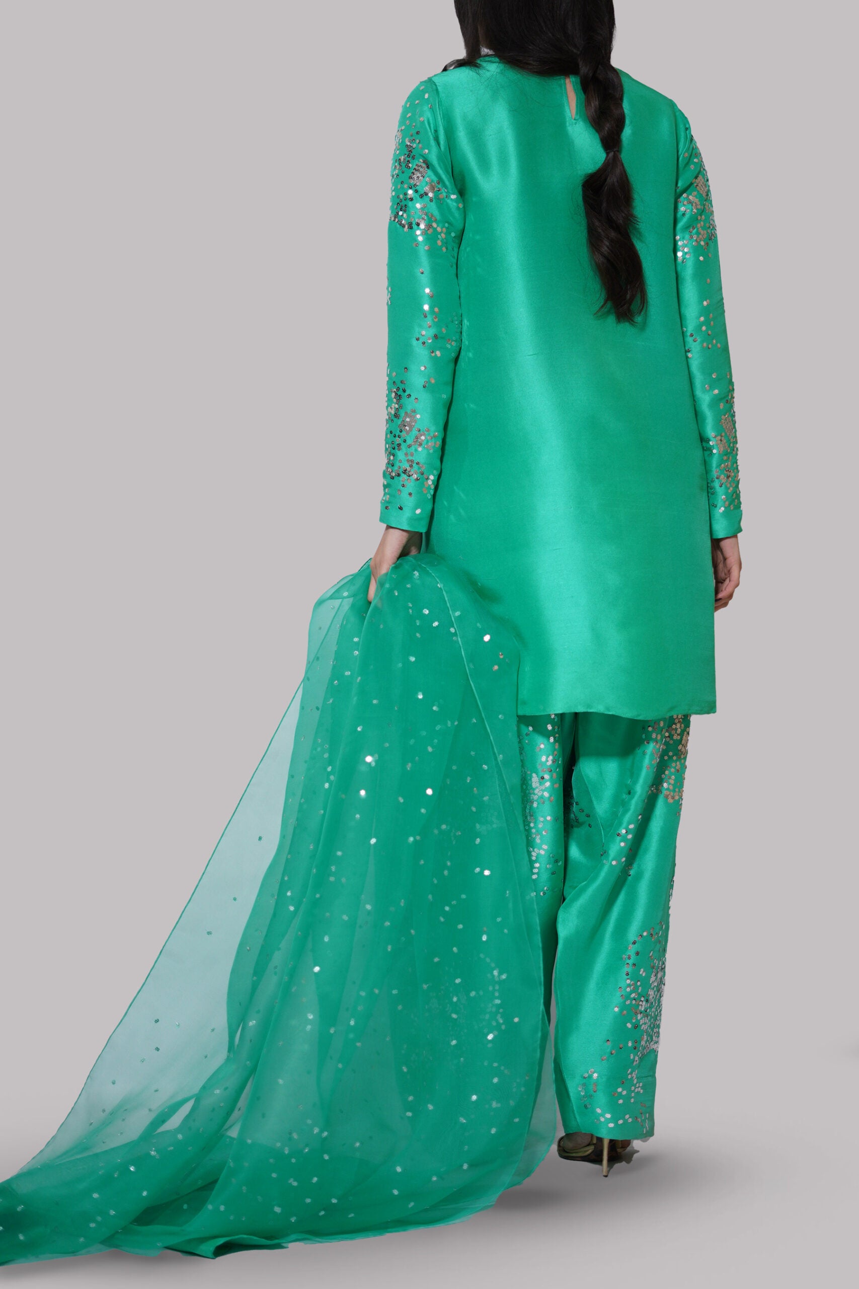 Mint Green Turquoise Embellished Raw Silk Set