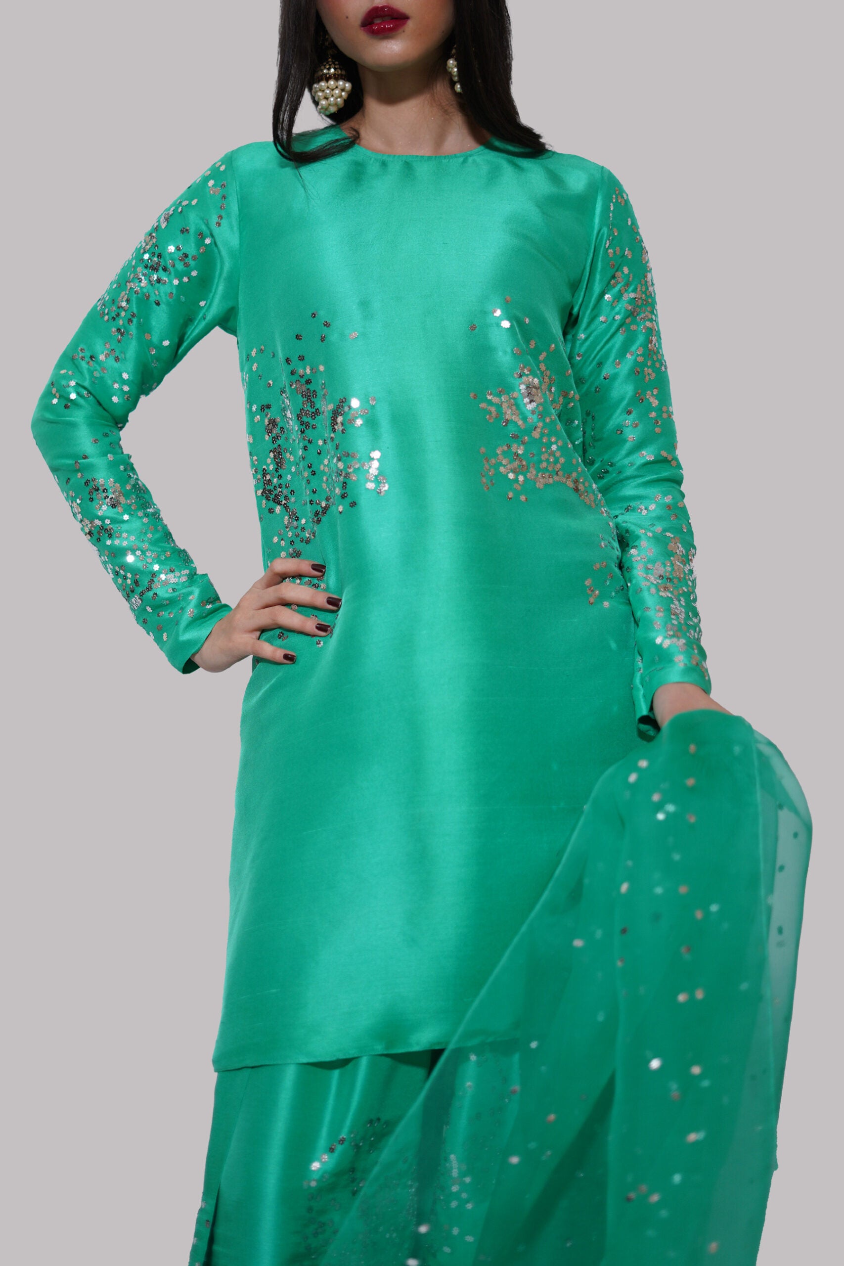 Mint Green Turquoise Embellished Raw Silk Set