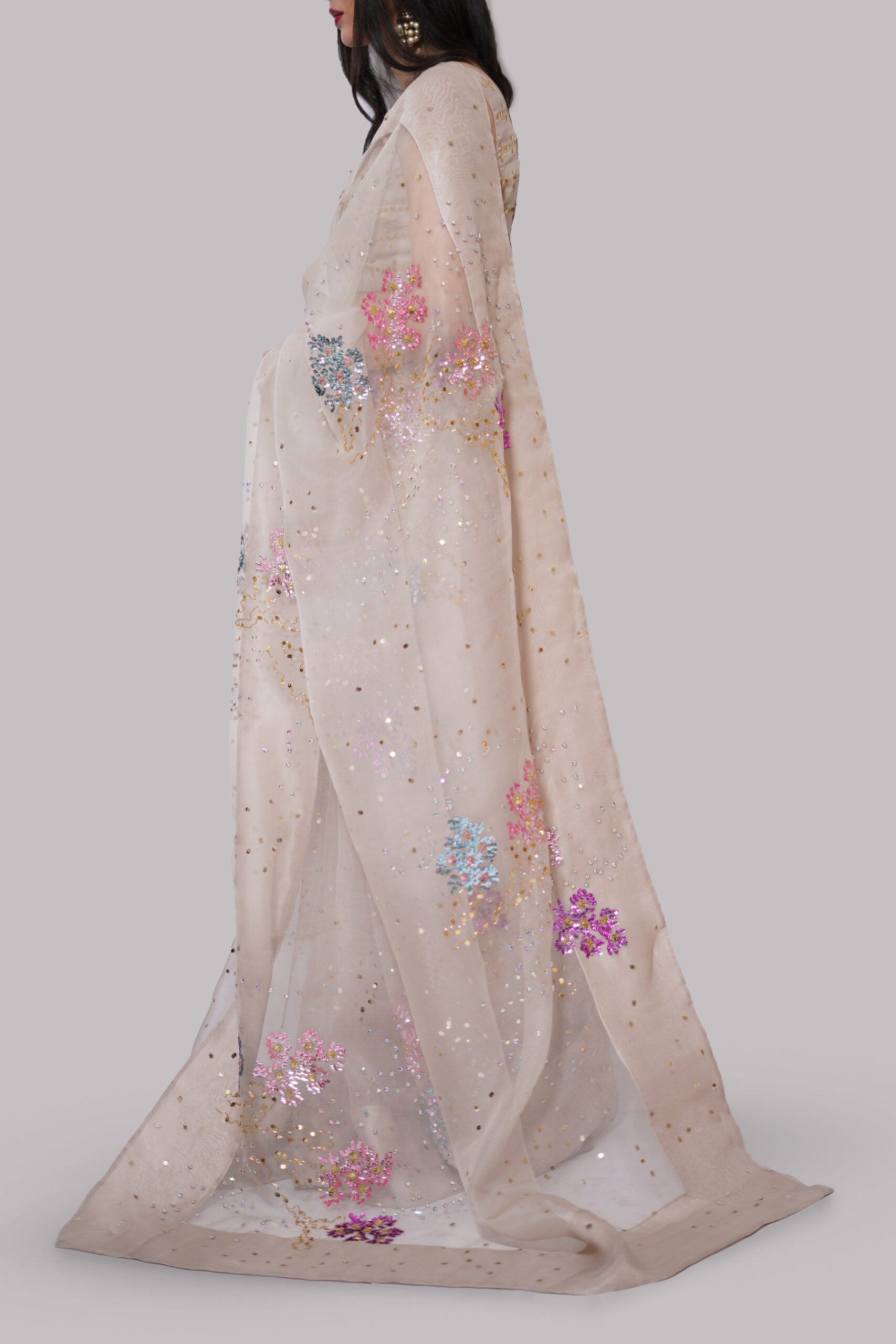 French Oak Embellished Organza Sari