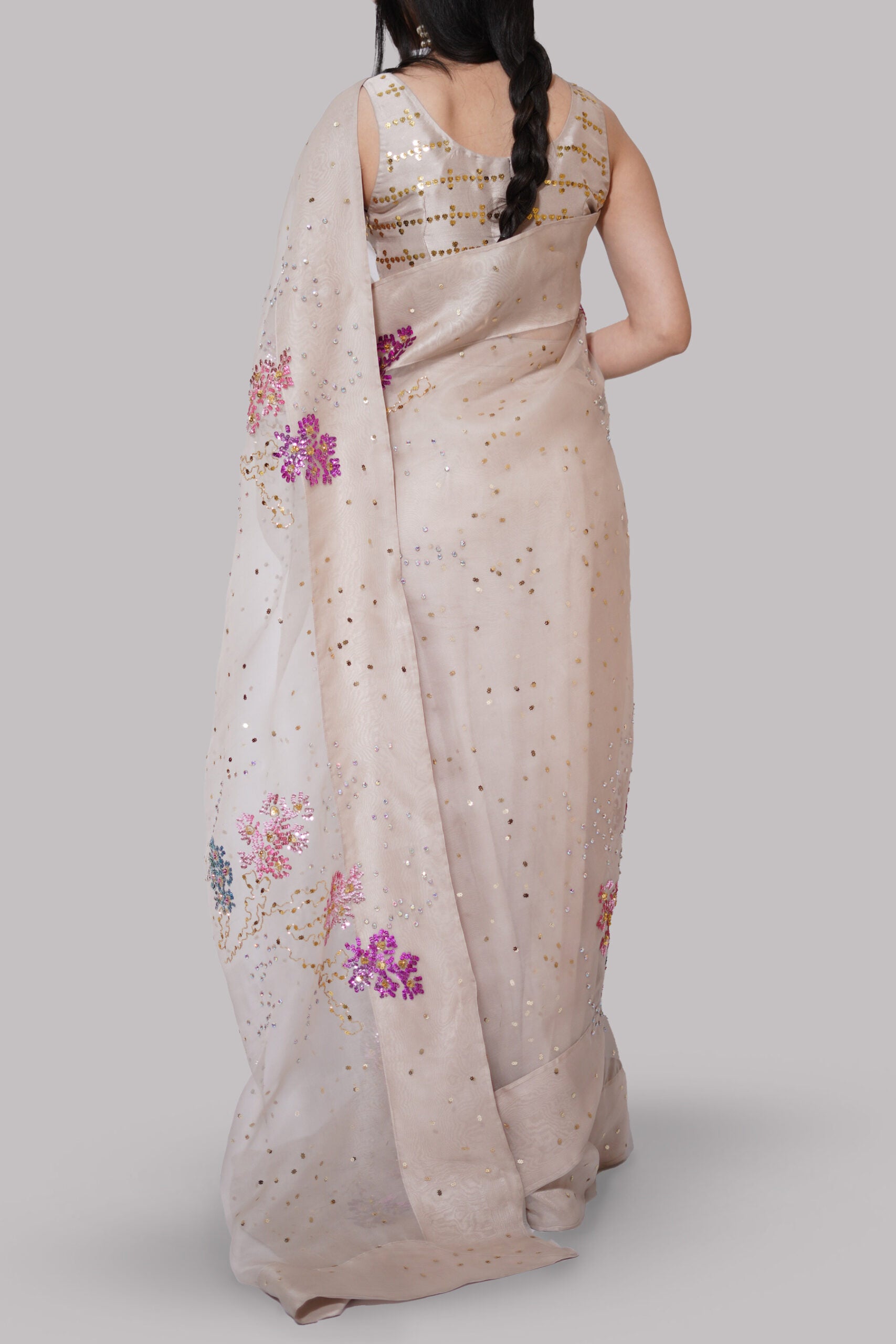 French Oak Embellished Organza Sari