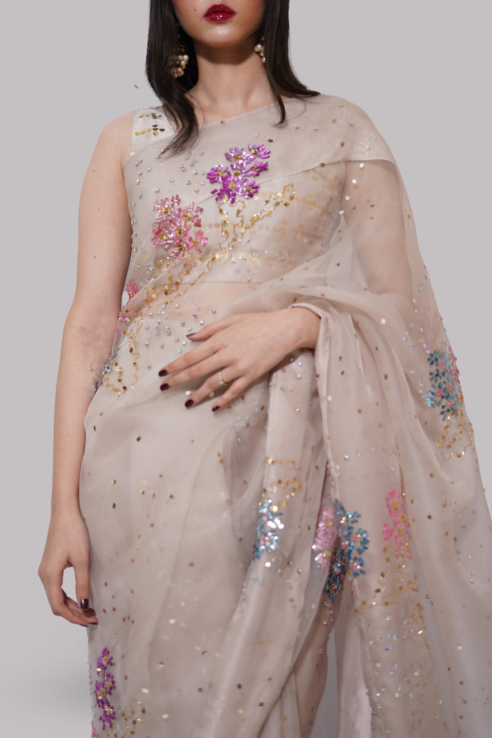 French Oak Embellished Organza Sari